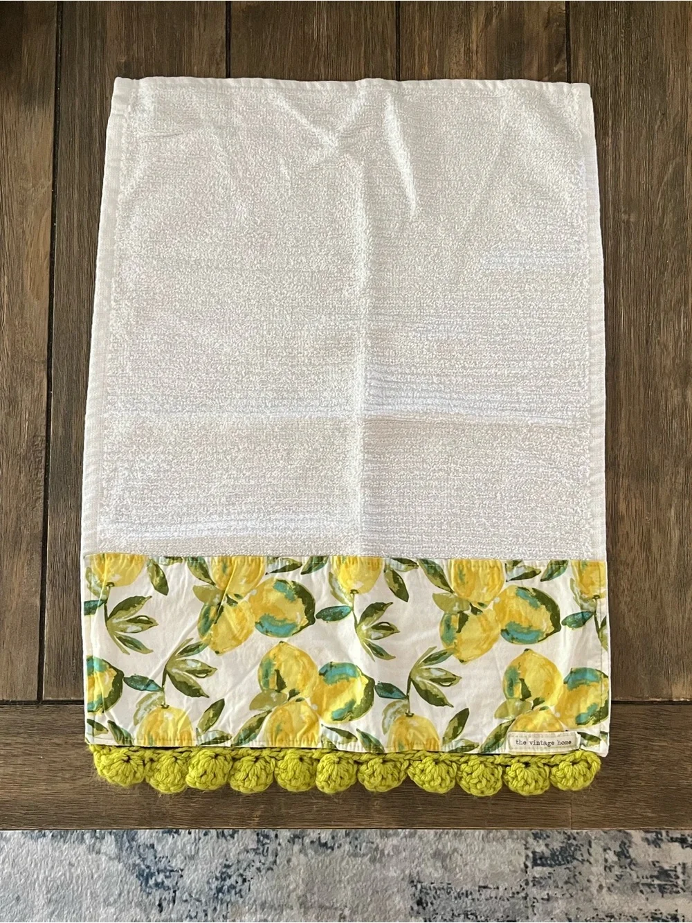 Handmade Yellow Lemon Print Kitchen Towel with Crochet Trim